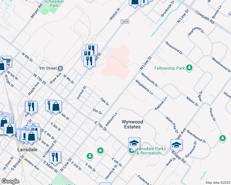 map of restaurants, bars, coffee shops, grocery stores, and more near 1028 North Line Street in Lansdale