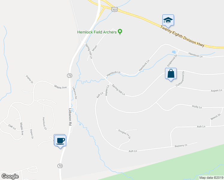 map of restaurants, bars, coffee shops, grocery stores, and more near 601 Aspen Lane in Lebanon