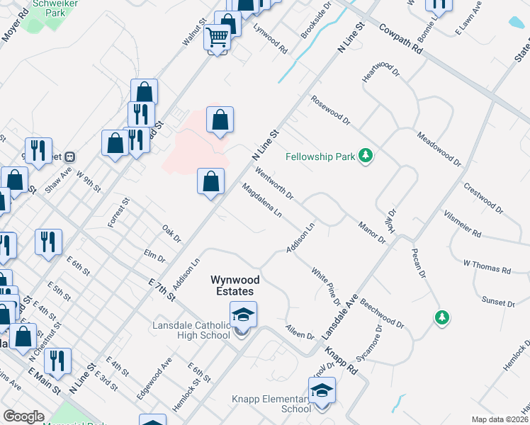 map of restaurants, bars, coffee shops, grocery stores, and more near 112 Magdalena Ln in Lansdale