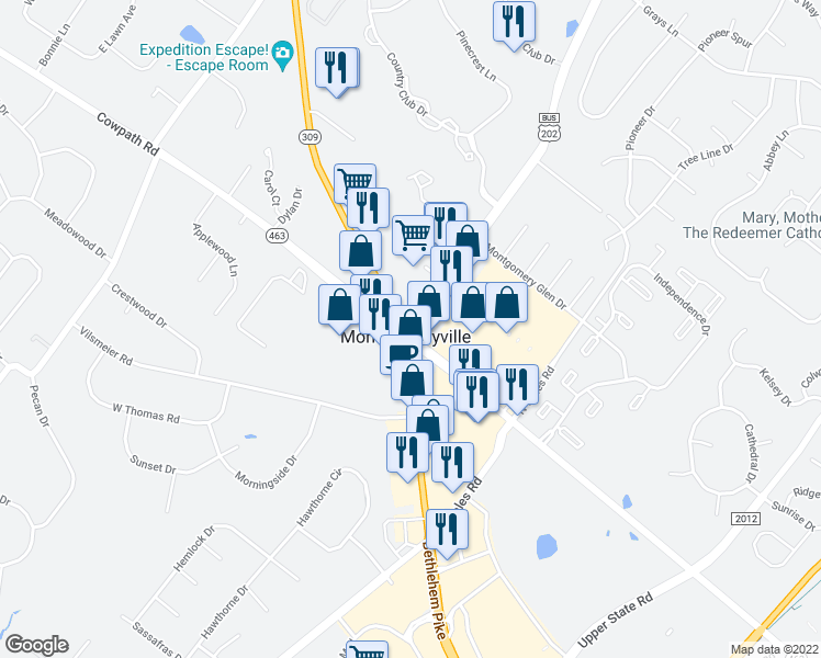 map of restaurants, bars, coffee shops, grocery stores, and more near 137 Doylestown Road in Montgomeryville