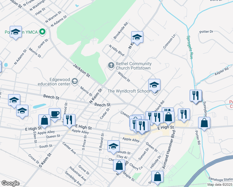 map of restaurants, bars, coffee shops, grocery stores, and more near 319 Cedar Street in Pottstown