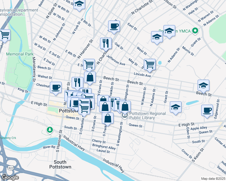map of restaurants, bars, coffee shops, grocery stores, and more near 404 Walnut Street in Pottstown