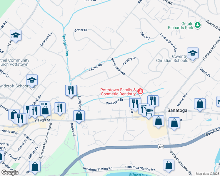 map of restaurants, bars, coffee shops, grocery stores, and more near 75 Brookview Lane in Pottstown