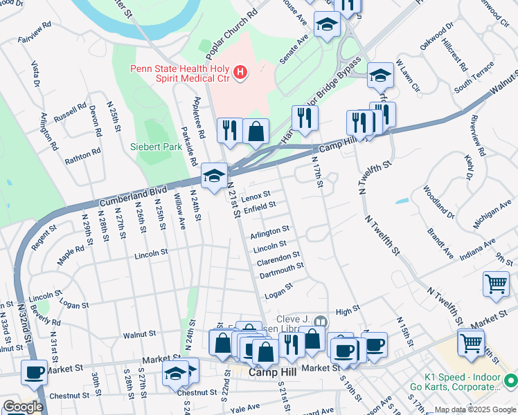 map of restaurants, bars, coffee shops, grocery stores, and more near 2001 Enfield Street in Camp Hill