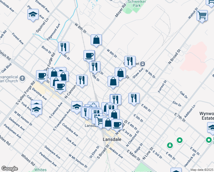 map of restaurants, bars, coffee shops, grocery stores, and more near 307 West 5th Street in Lansdale