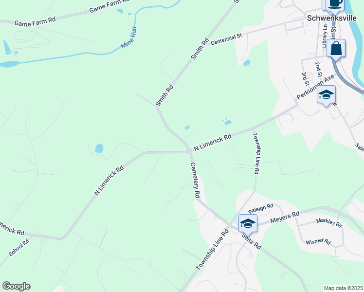 map of restaurants, bars, coffee shops, grocery stores, and more near 689 North Limerick Road in Schwenksville