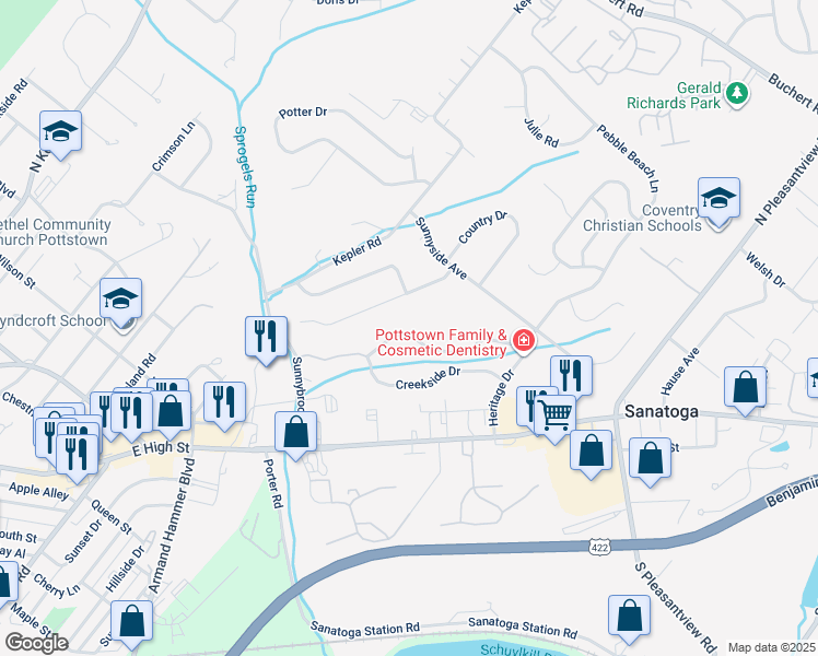 map of restaurants, bars, coffee shops, grocery stores, and more near 75 Brookview Lane in Pottstown