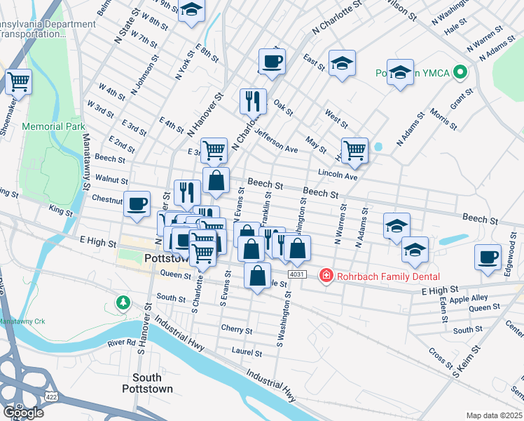 map of restaurants, bars, coffee shops, grocery stores, and more near 401 Walnut Street in Pottstown