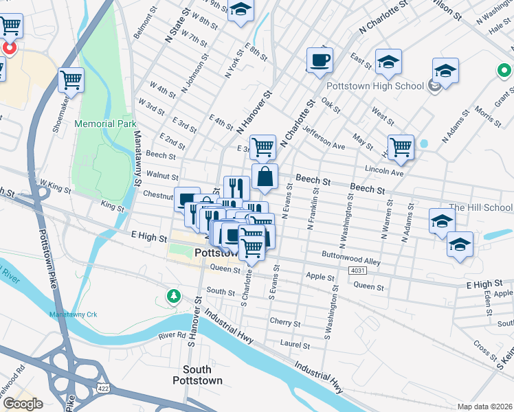 map of restaurants, bars, coffee shops, grocery stores, and more near 250 Rowan Alley in Pottstown