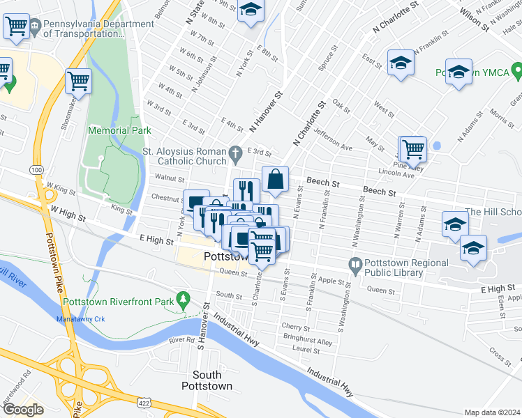 map of restaurants, bars, coffee shops, grocery stores, and more near 250 Rowan Alley in Pottstown
