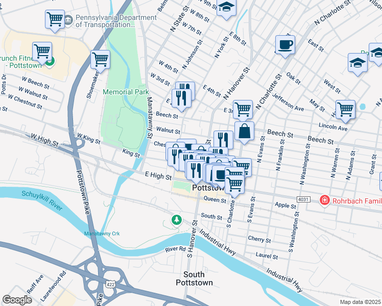 map of restaurants, bars, coffee shops, grocery stores, and more near 137 Chestnut Street in Pottstown