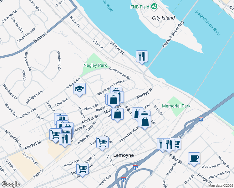 map of restaurants, bars, coffee shops, grocery stores, and more near 233 Walnut Street in Lemoyne