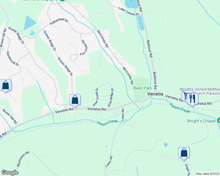 map of restaurants, bars, coffee shops, grocery stores, and more near 395 Pine Ridge Drive in Venetia