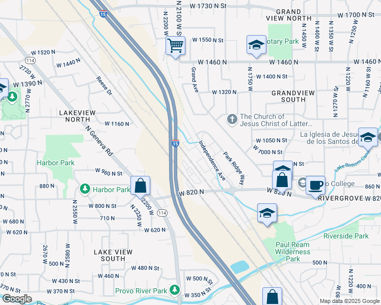 map of restaurants, bars, coffee shops, grocery stores, and more near 2075 West 1080 North in Provo