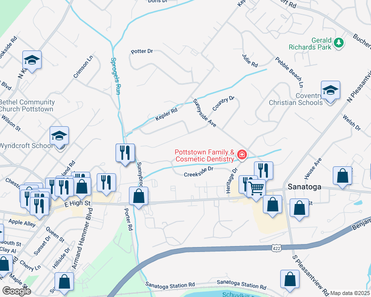 map of restaurants, bars, coffee shops, grocery stores, and more near 69 Brookview Lane in Pottstown