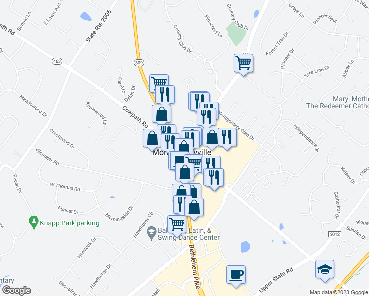 map of restaurants, bars, coffee shops, grocery stores, and more near 147 Doylestown Road in Montgomeryville