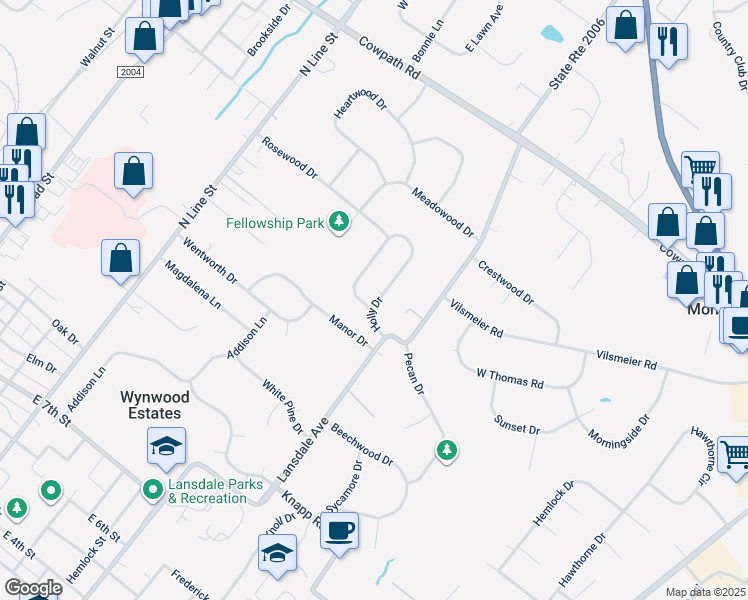 map of restaurants, bars, coffee shops, grocery stores, and more near 111 Holly Drive in Lansdale