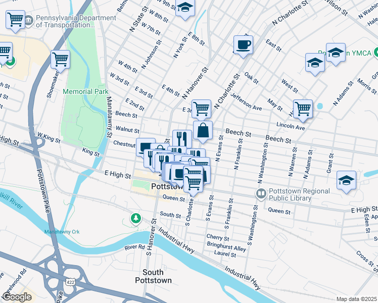 map of restaurants, bars, coffee shops, grocery stores, and more near 249 Chestnut Street in Pottstown
