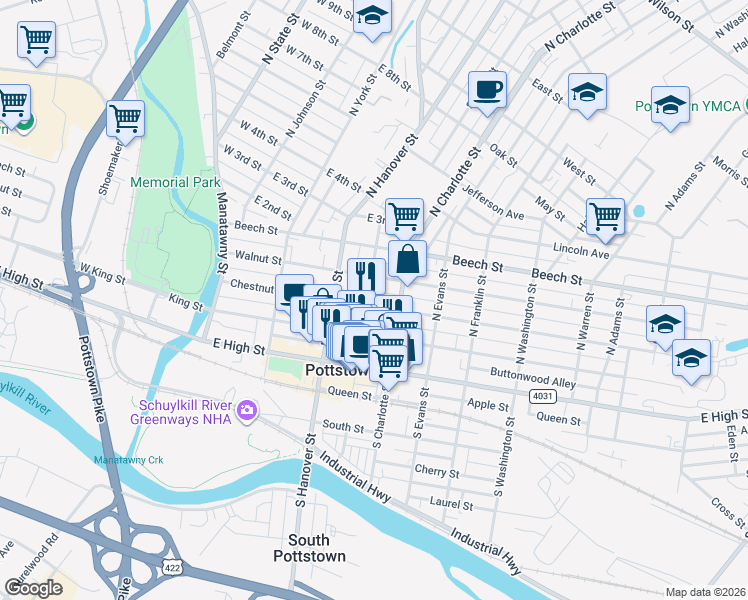 map of restaurants, bars, coffee shops, grocery stores, and more near 250 Rowan Alley in Pottstown