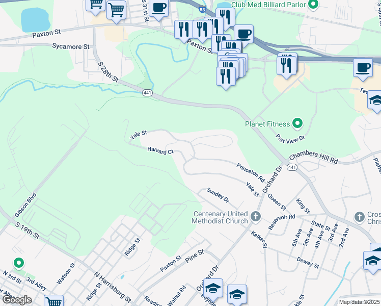 map of restaurants, bars, coffee shops, grocery stores, and more near 589 Yale Street in Harrisburg