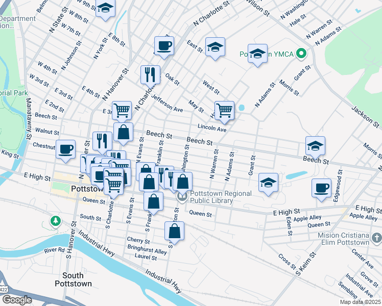map of restaurants, bars, coffee shops, grocery stores, and more near 509 Walnut Street in Pottstown