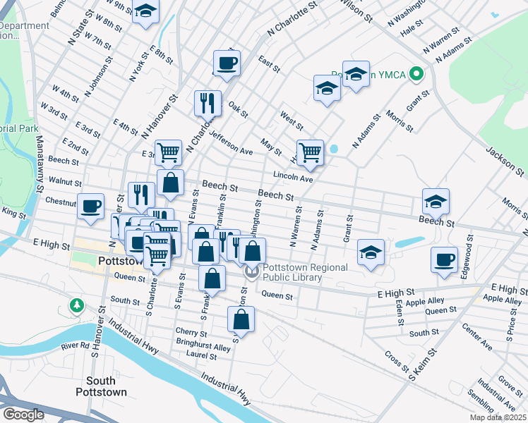 map of restaurants, bars, coffee shops, grocery stores, and more near 509 Walnut Street in Pottstown