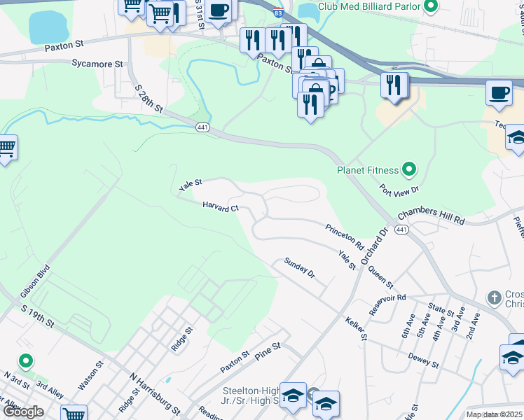 map of restaurants, bars, coffee shops, grocery stores, and more near 589 Yale Street in Harrisburg