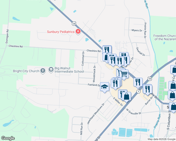 map of restaurants, bars, coffee shops, grocery stores, and more near 283 Mink Drive in Sunbury