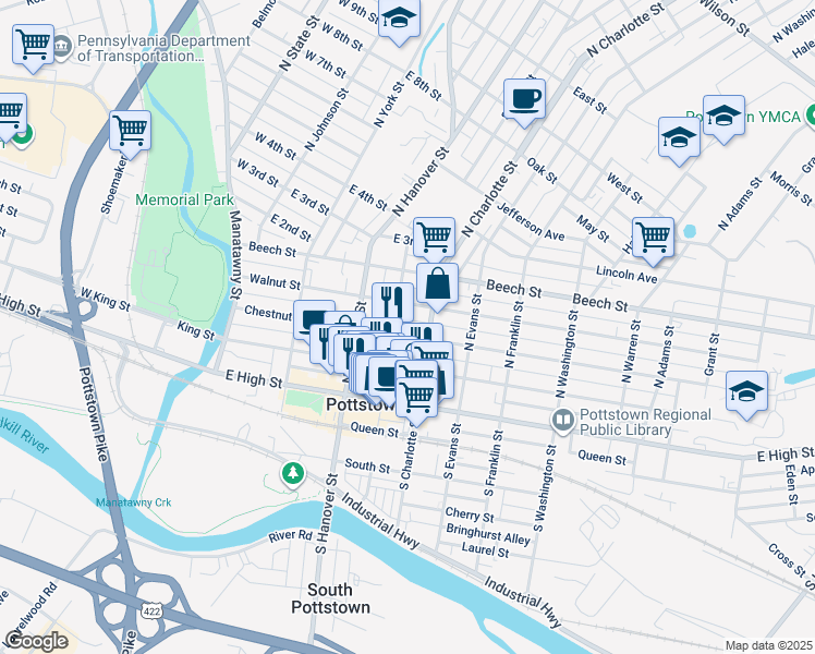 map of restaurants, bars, coffee shops, grocery stores, and more near 249 Chestnut Street in Pottstown