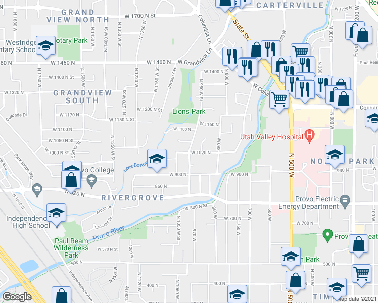 map of restaurants, bars, coffee shops, grocery stores, and more near 1021 North 1000 West Street in Provo