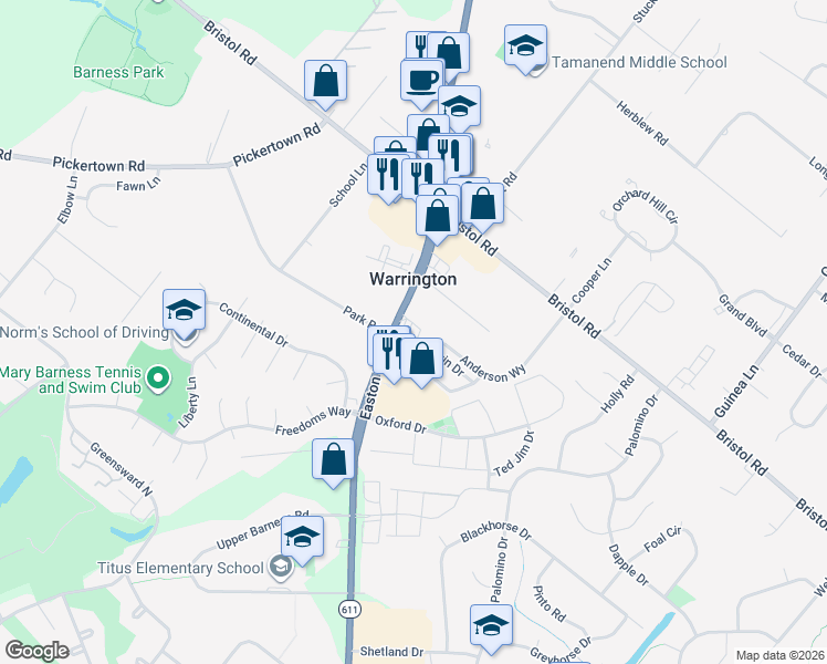 map of restaurants, bars, coffee shops, grocery stores, and more near 1243 Easton Road in Warrington