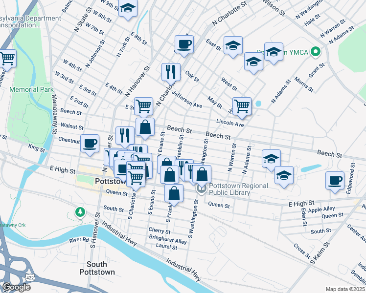 map of restaurants, bars, coffee shops, grocery stores, and more near 406 Walnut Street in Pottstown