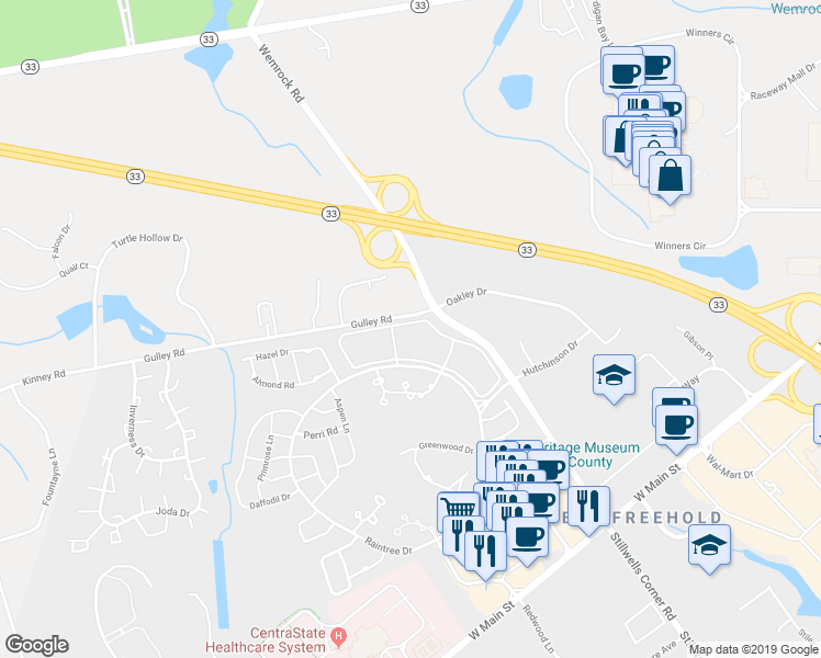 map of restaurants, bars, coffee shops, grocery stores, and more near 229 Tulip Lane in Freehold Township