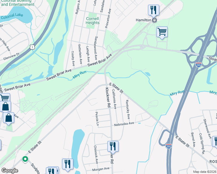 map of restaurants, bars, coffee shops, grocery stores, and more near 110 Klockner Road in Hamilton Township