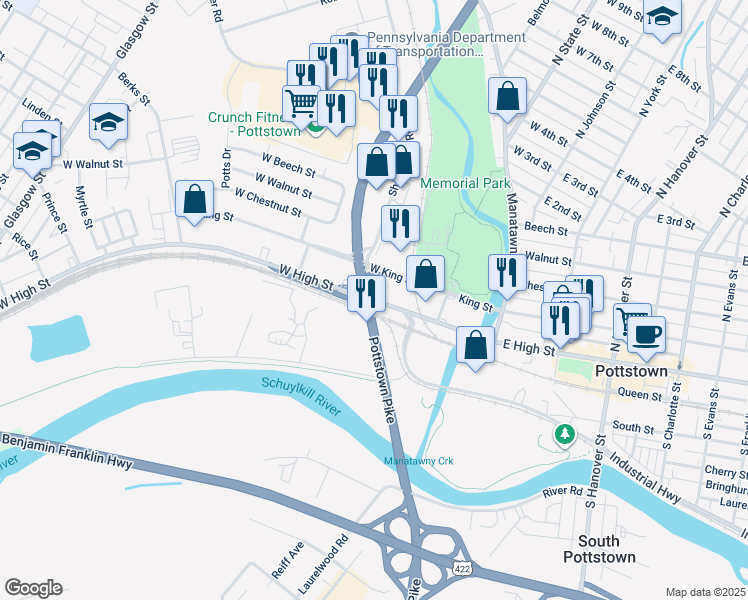 map of restaurants, bars, coffee shops, grocery stores, and more near 100 West King Street in Pottstown