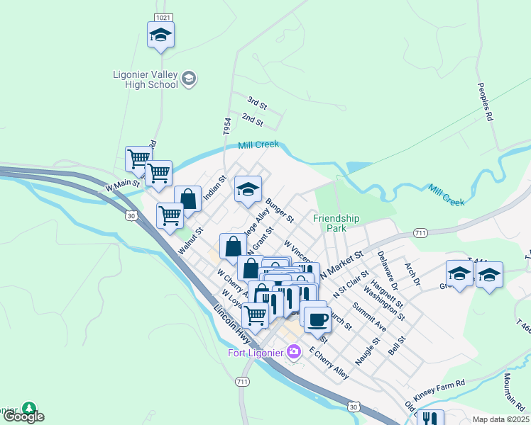 map of restaurants, bars, coffee shops, grocery stores, and more near 319 Kastner Street in Ligonier