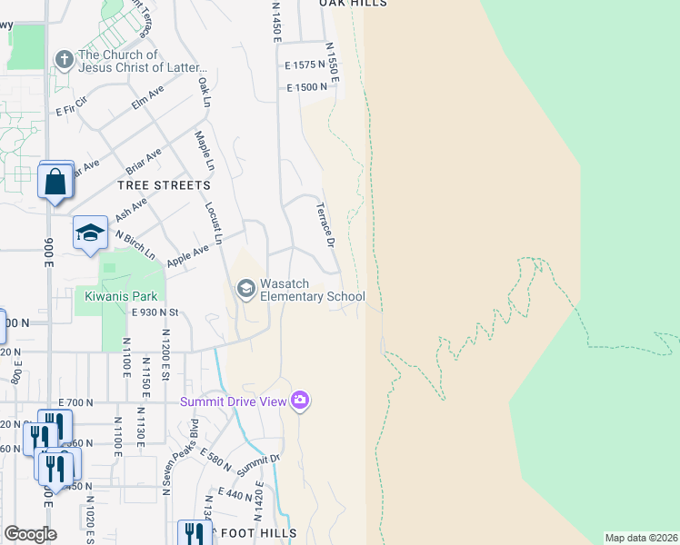 map of restaurants, bars, coffee shops, grocery stores, and more near 1613 Oak Cliff Drive in Provo