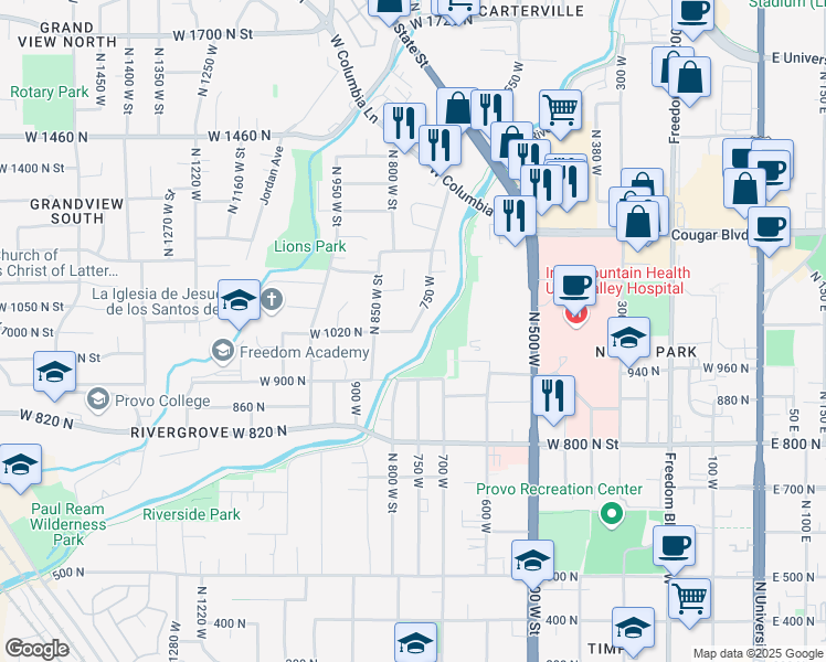 map of restaurants, bars, coffee shops, grocery stores, and more near 1001 750 West in Provo