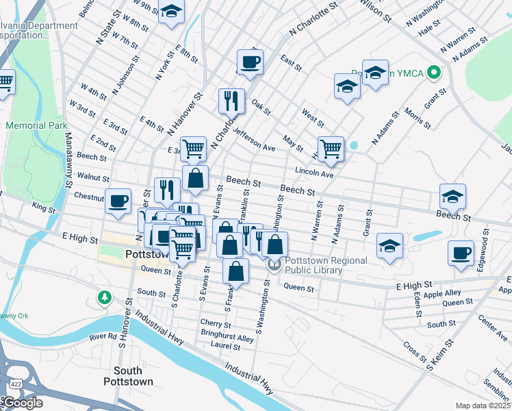 map of restaurants, bars, coffee shops, grocery stores, and more near 420 Walnut Street in Pottstown
