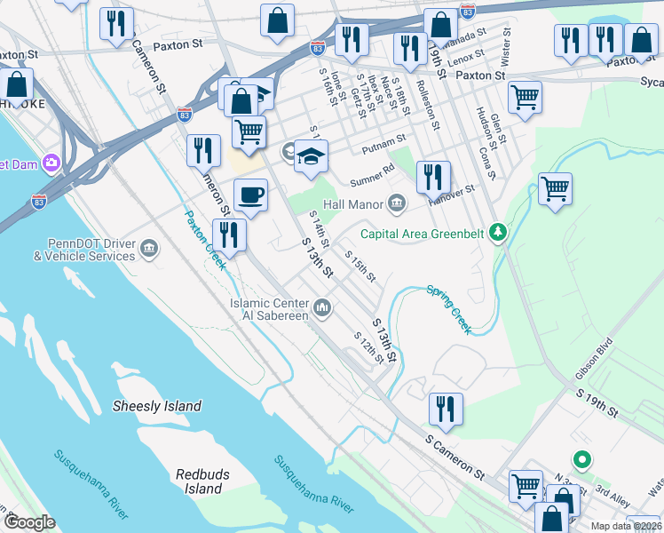 map of restaurants, bars, coffee shops, grocery stores, and more near 1301 South 13th Street in Harrisburg