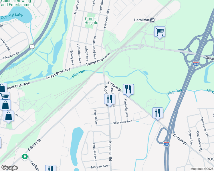 map of restaurants, bars, coffee shops, grocery stores, and more near 110 Klockner Road in Hamilton Township