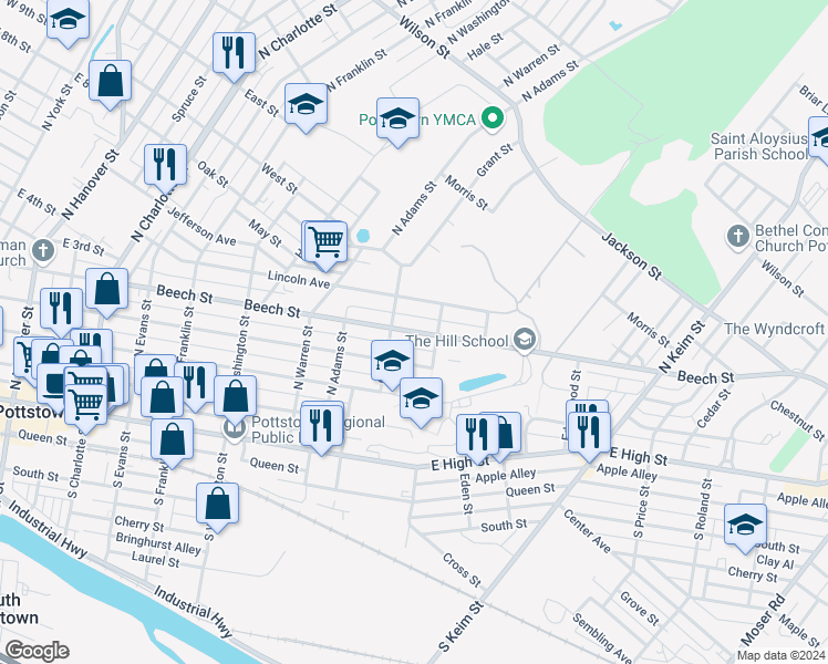 map of restaurants, bars, coffee shops, grocery stores, and more near 719 Beech Street in Pottstown