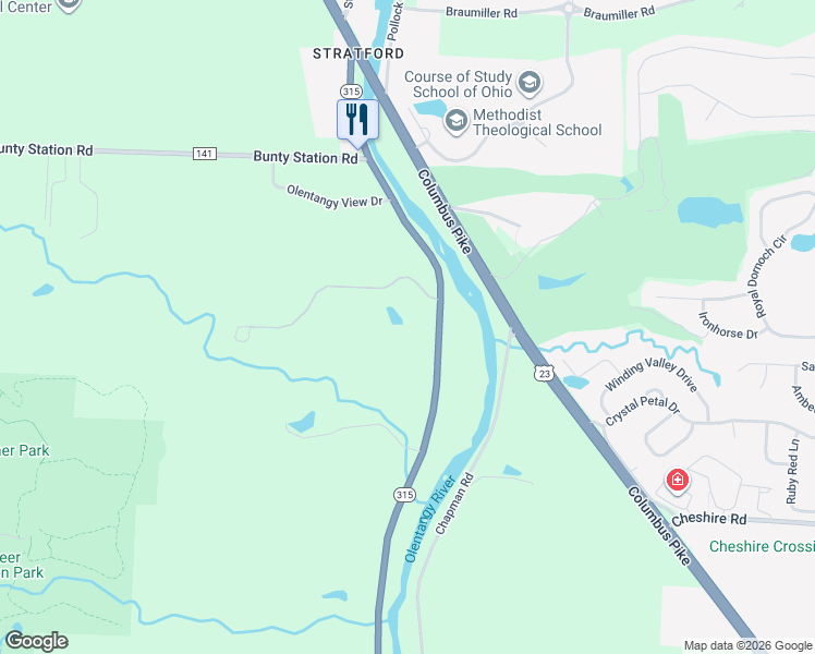 map of restaurants, bars, coffee shops, grocery stores, and more near 3490 Olentangy River Road in Delaware