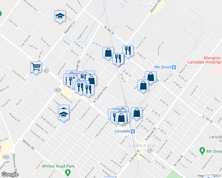 map of restaurants, bars, coffee shops, grocery stores, and more near 635 West 3rd Street in Lansdale