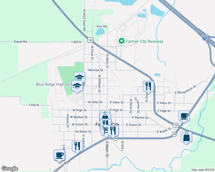 map of restaurants, bars, coffee shops, grocery stores, and more near 512 North Main Street in Farmer City