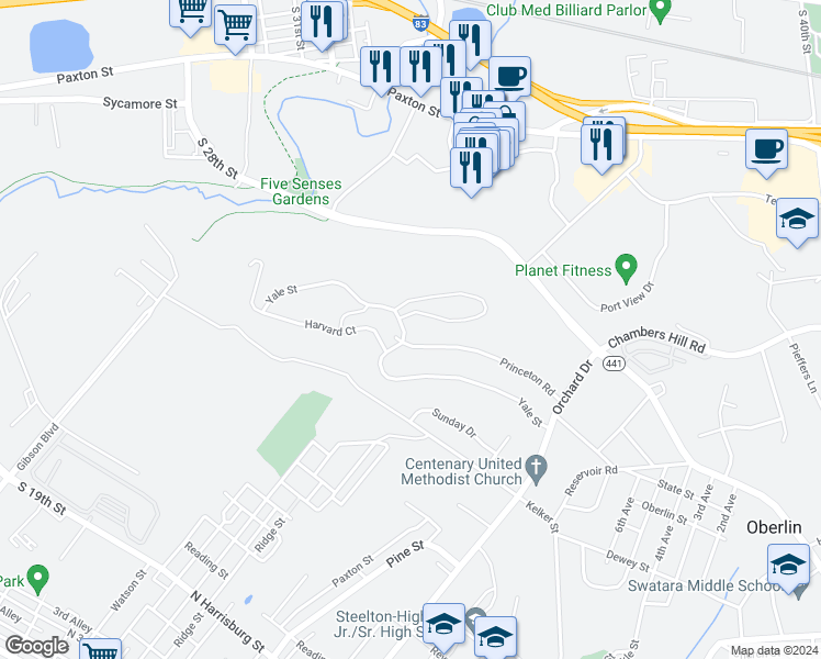 map of restaurants, bars, coffee shops, grocery stores, and more near 594 Yale Street in Harrisburg