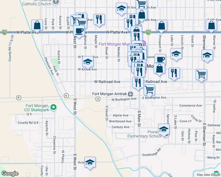 map of restaurants, bars, coffee shops, grocery stores, and more near 128 Deuel Street in Fort Morgan