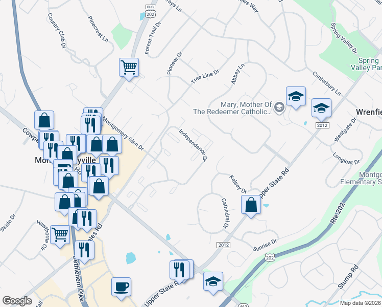 map of restaurants, bars, coffee shops, grocery stores, and more near 2300 Independence Drive in North Wales