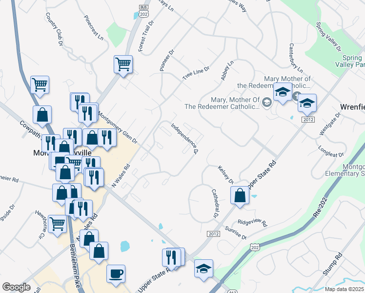 map of restaurants, bars, coffee shops, grocery stores, and more near 2715 Adams Court in North Wales