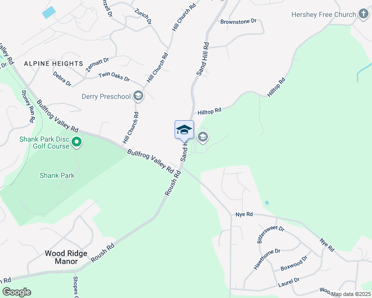 map of restaurants, bars, coffee shops, grocery stores, and more near 1521 Sand Hill Road in Hummelstown